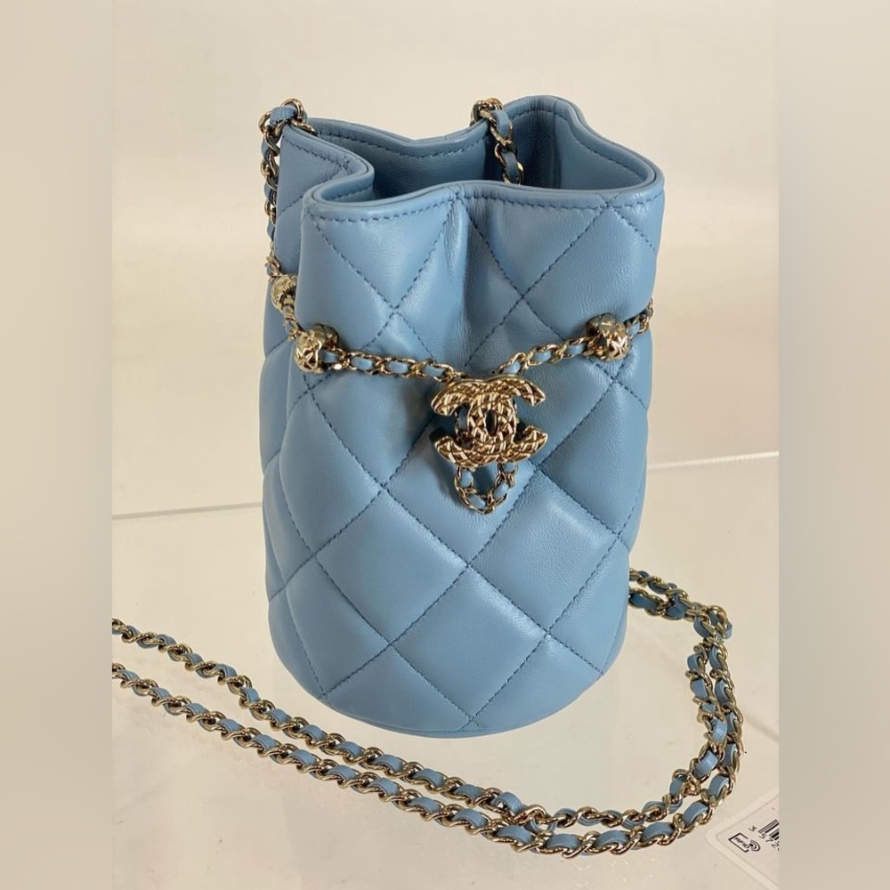 🔥FLASH SALE🔥CHANEL 2022 Blue Lambskin Mini Drawstring Bucket Bag With Chain